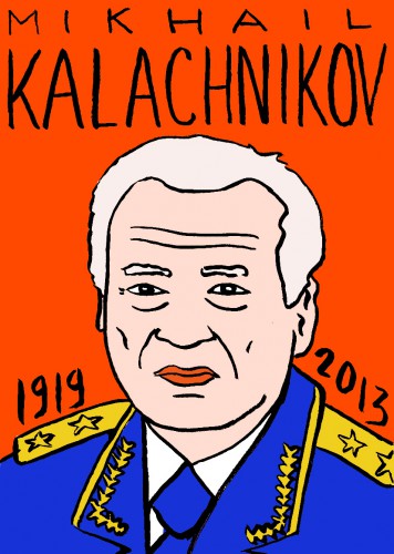 mort de Mikhail Kalachnikov,dessin,portrait,laurent jacquy,mort d'homme,répertoire des macchabées célèbres,art modeste,arme,AK-47